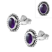 Medium Oval Amethyst Stone Stud Silver Earrings, e335